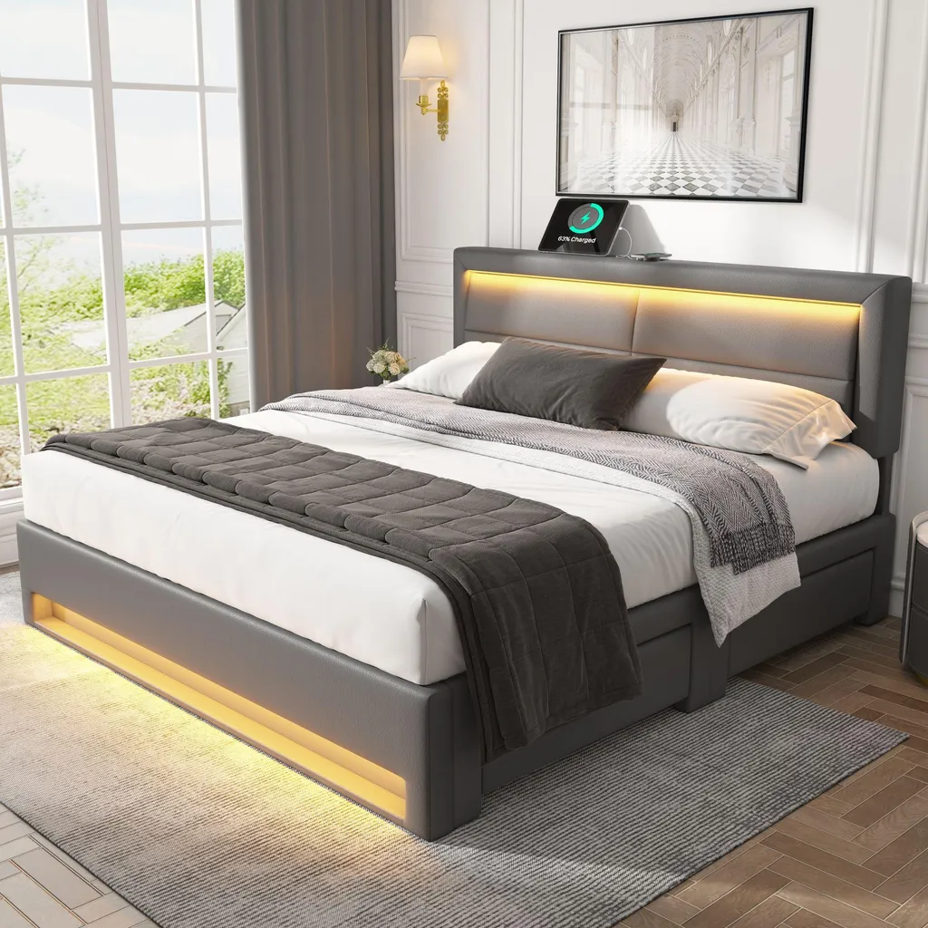 Lit Double Gris 140x200 cm en Polyuréthane avec Chargeur Induction