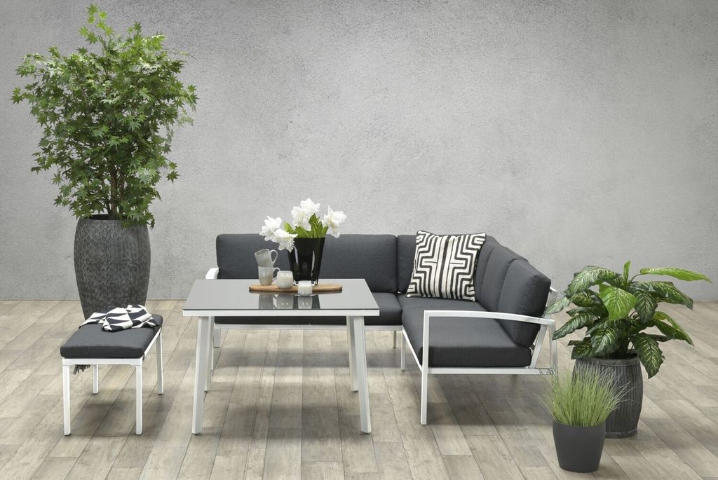 Garden Impressions Dining-Ecklounge "Baltimore" inkl. Ecksofa, Bank und Tisch weiß / schwarz