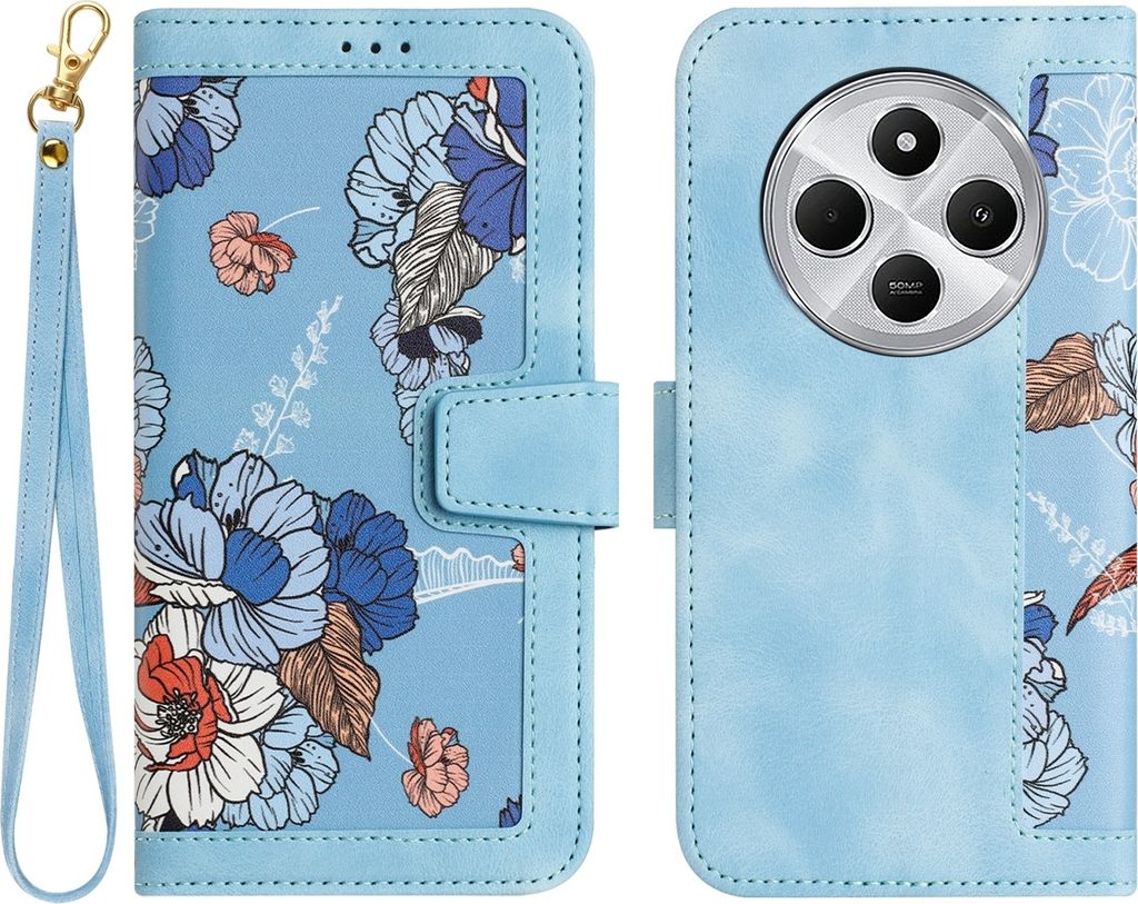 Für Xiaomi Redmi 14C 4G Kunstleder Wallet Handy Tasche Blumen Design Hülle Etuis Hellblau