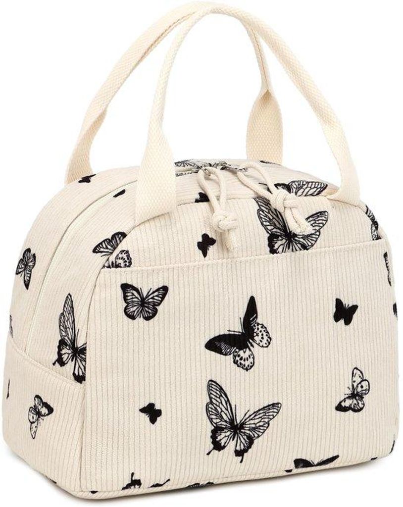 Isolierende Damen-Lunchbox, Corduroy-Lunchtas, Reisetasche, leckfreie thermische Kühltasche, große Fassungsvermögen, Corduroy-Fliegenmotiv