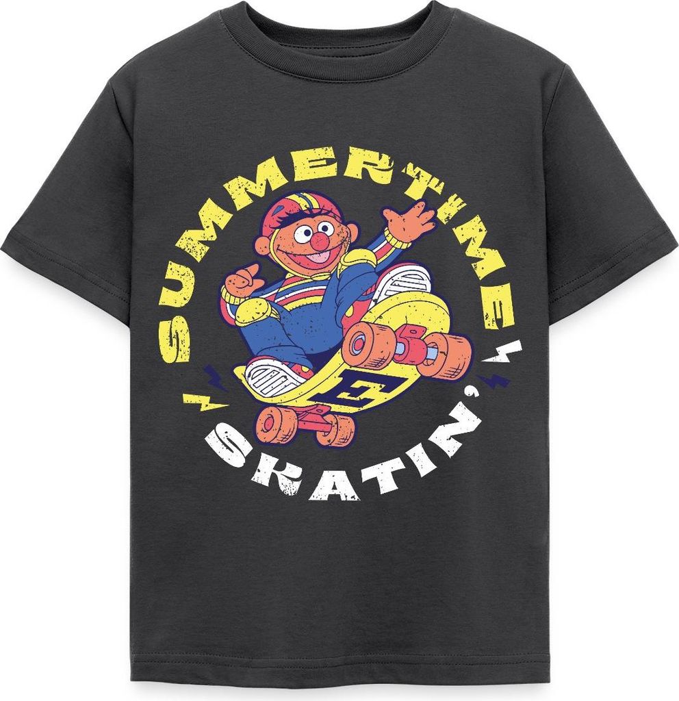 Spreadshirt Sesamstraße Ernie Summer Time Skatin' Skate Design Kinder T-Shirt, 110/116 (5-6 Jahre), Dunkelgrau