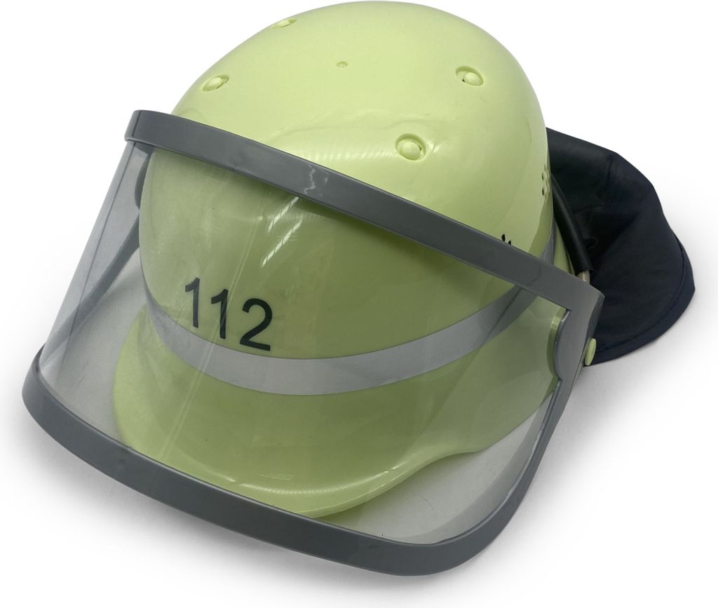 A yellow firefighter helmet with a clear visor and a black neck protector, displayed on a white background.