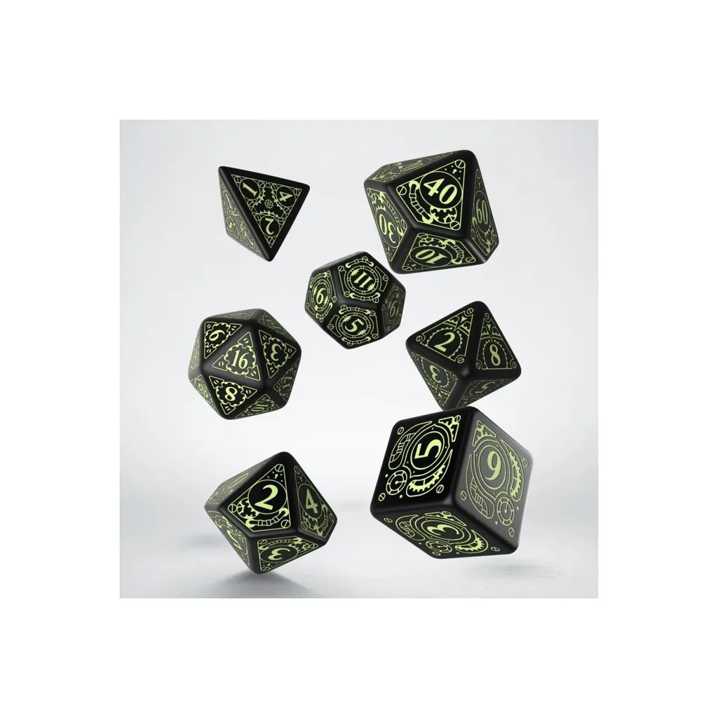 Set de 7 Dés Polyédriques Steampunk Noirs Phosphorescents pour JDR et JDP - 3