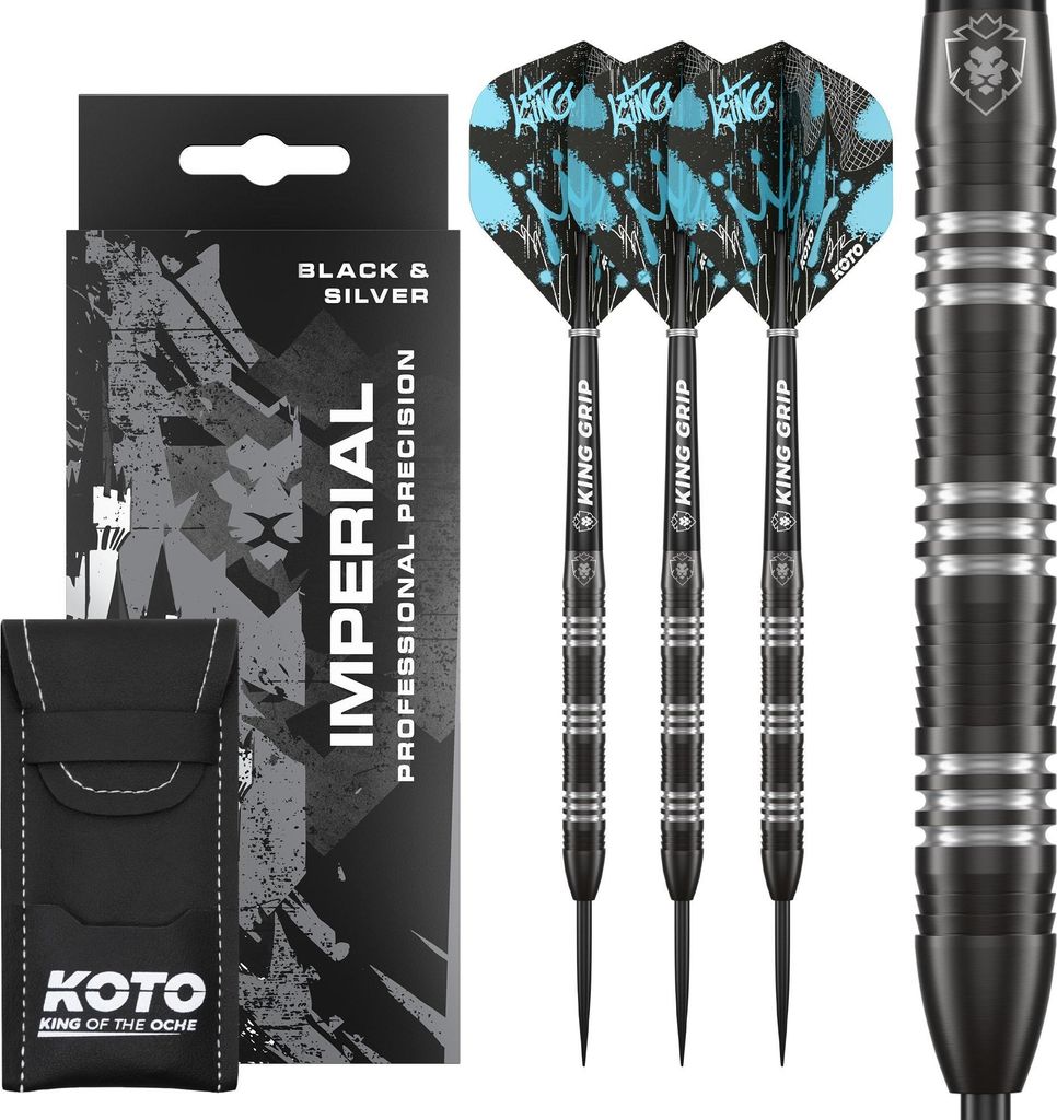 KOTO - Imperial, 22 G, Schwarz & Silber, 80% Tungsten, Dartpfeile, Inkl. 3 Barrels, 3 Flights & 3 Shafts