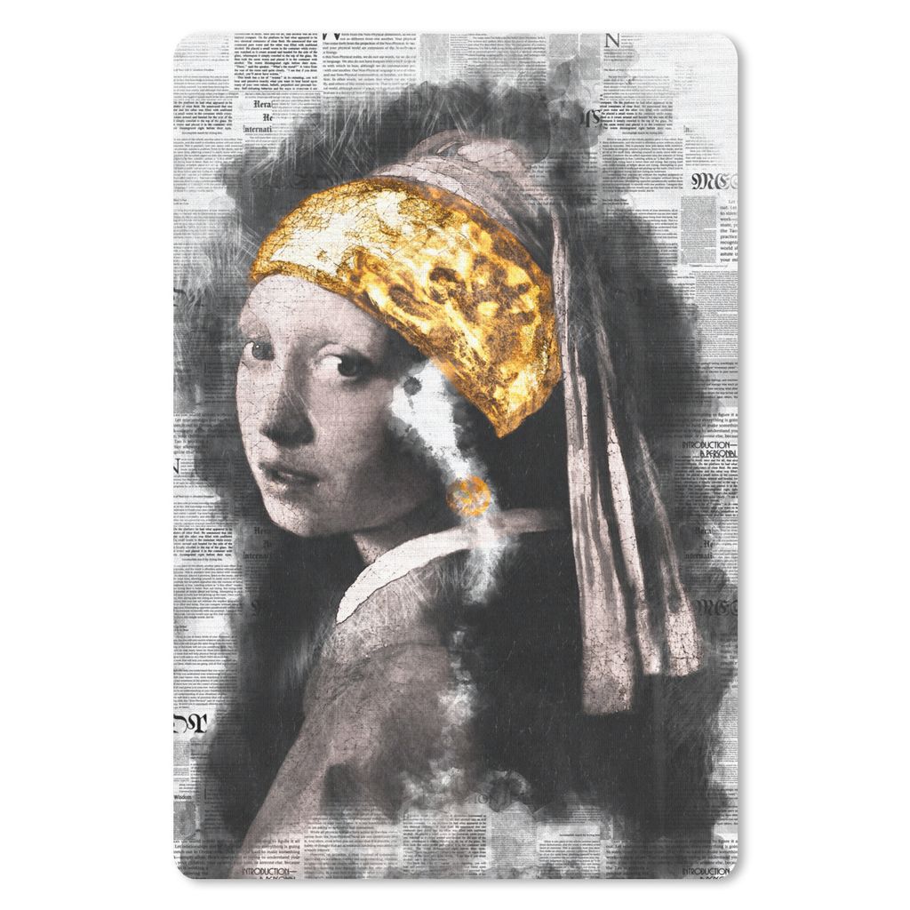 MuchoWow Mauspad Mousepad Mädchen mit Perlenohrring - Johannes Vermeer - Zeitungsartikel - Gold 40x60 cm - Mousepads - Maus Mat - Pad - Mausunte...