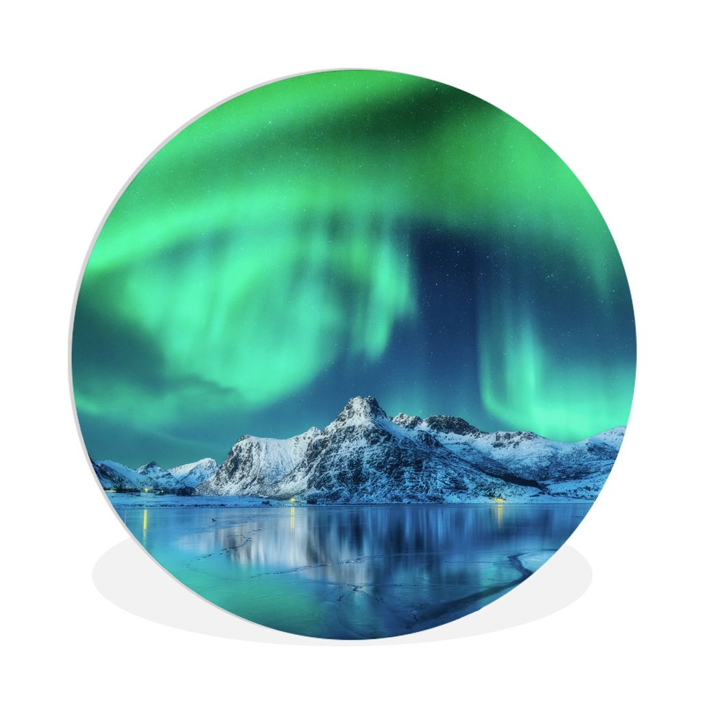 MuchoWow Rundes Wandbild - Runde Bilder Nordlichter - Berg - Schnee Ø 90 cm Kreis Wanddekoration Kunststoff - Wandkreis - Wandschmuck - Wand-Kre...