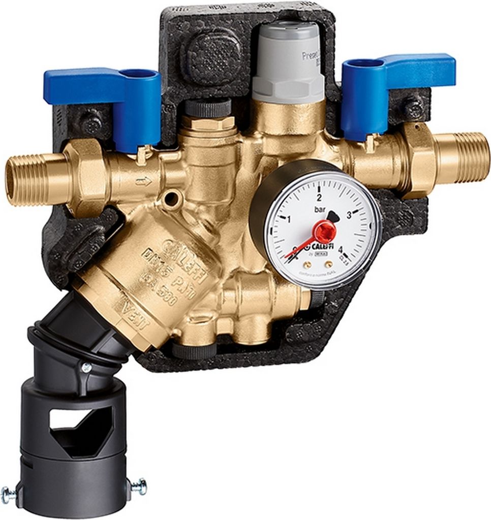 A close-up studio shot of a Caleffi automatic filling valve with a pressure gauge.