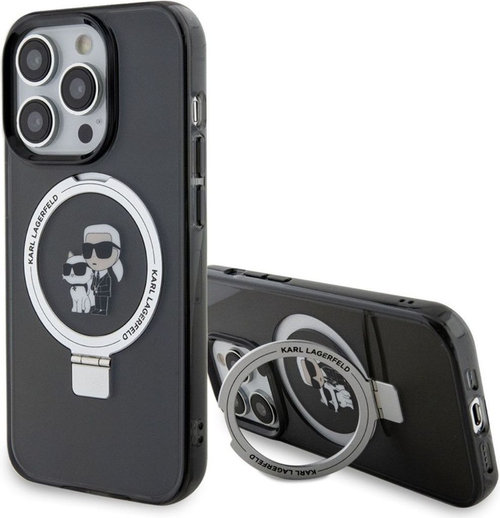 A black iPhone case with a Karl Lagerfeld design and a ring stand is shown from two angles against a white background.