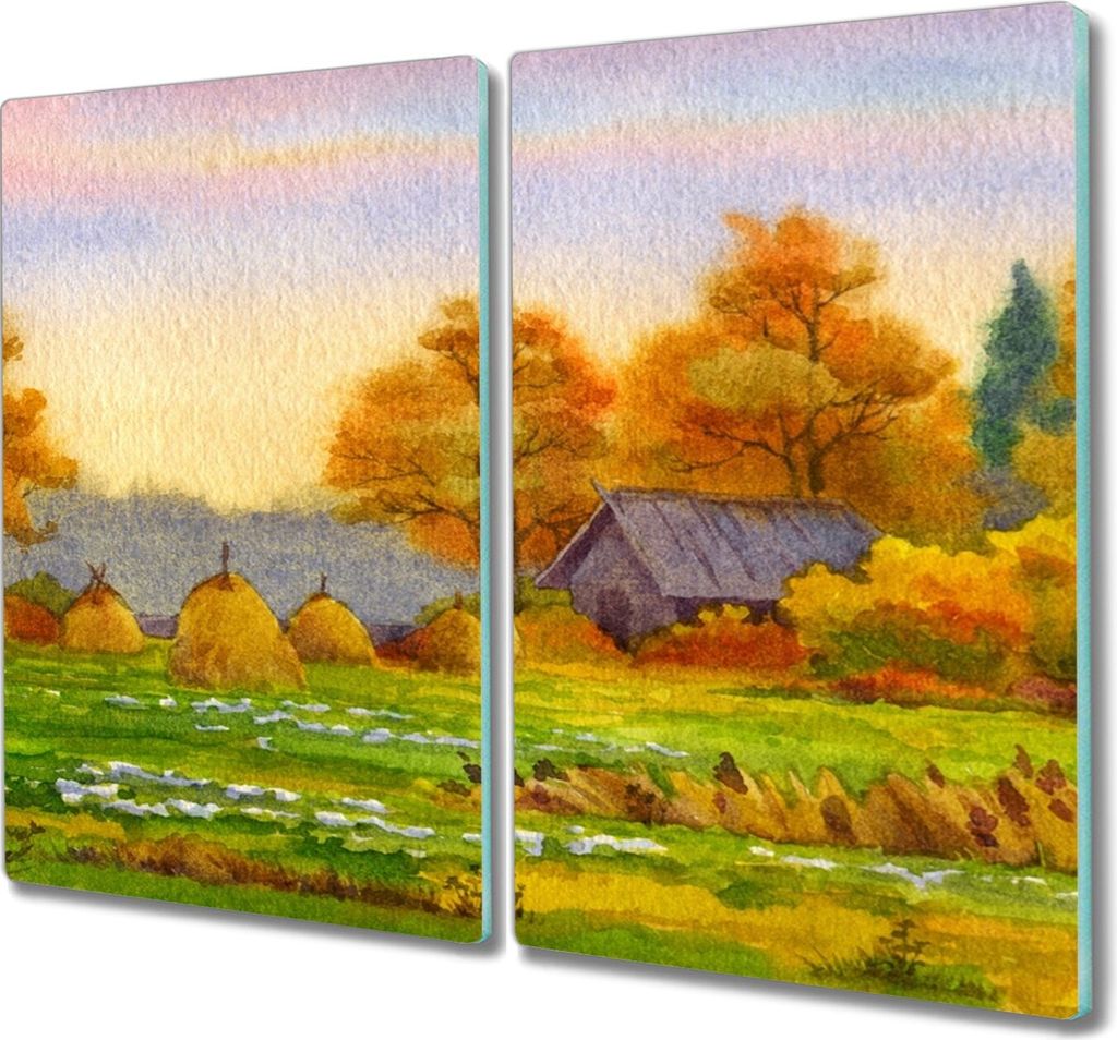 Coloray Kochplattenabdeckung Herdabdeckplatte 2x30x52 cm Hackbrett Schneidebrett Küchenbrett - Gemälde Herbst Dorf