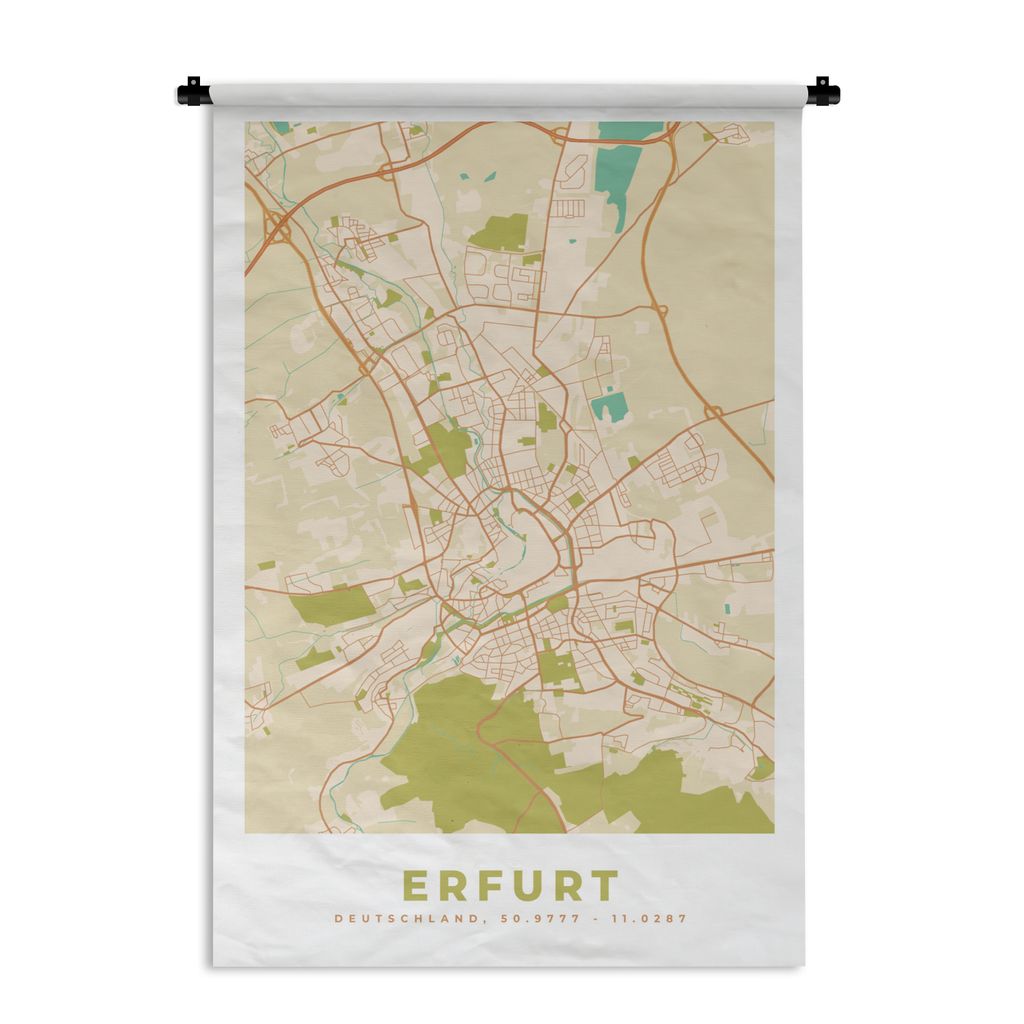 MuchoWow Wandteppich Wandbehang Karte - Erfurt - Jahrgang - Karte 90x135 cm Tapisserie Dekoration Wandtuch - Baumwolle - Wandskulptur