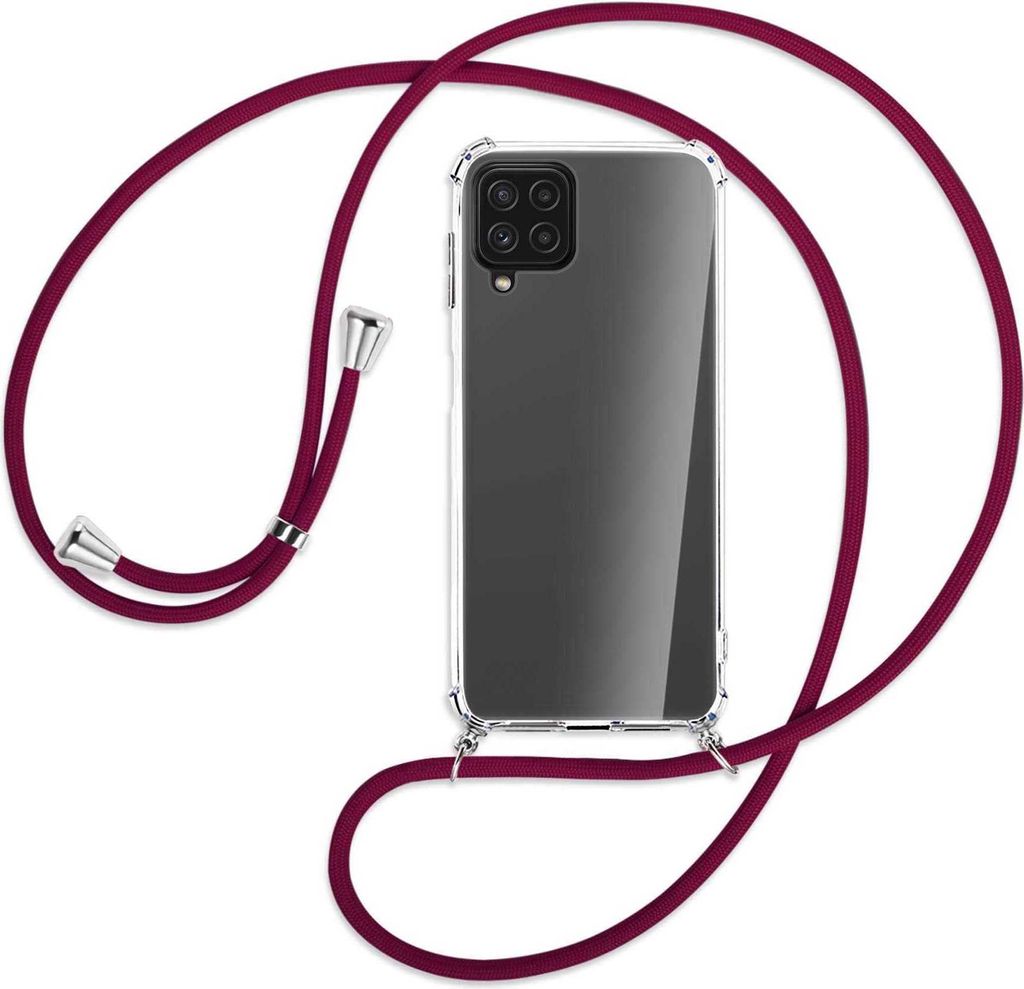 Handykette Backcover-Schutzhülle mit Band (Metall silberfarben) für Samsung Galaxy A22 4G (A225) - dunkelrot