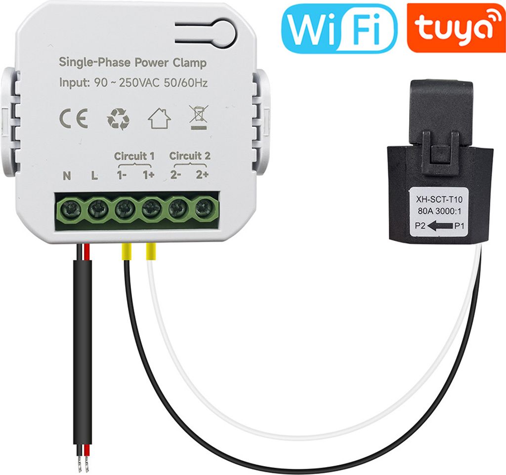 Tuya Wifi Einphasen-Energiezaehler 80 A mit CT-Klemme, Handy-App, Kwh-Stromverbrauchsmonitor, Stromstatistik, 90šC250 V AC, 50/60 Hz