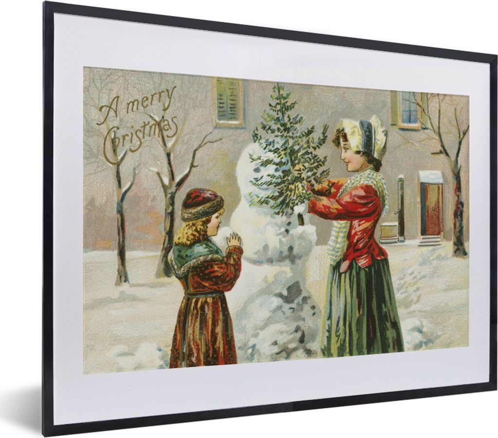 MuchoWow Gerahmtes Poster Weihnachten - Schnee - Weihnachtskarte 40x30 cm - Poster mit Schwarzem Bilderrahmen Wandposter Rahmen Foto Bilder - Bil...
