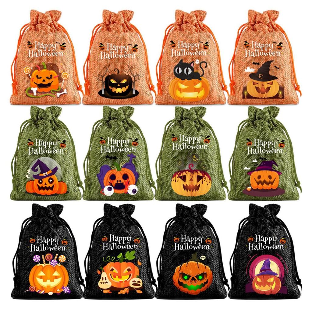 12 Stück Halloween-Kürbis-Geschenktüten aus Sackleinen, kleine Goodie-Treat-Tasche mit Kordelzug, Halloween-Leinen-Jute-Süßigkeitentüte für ...
