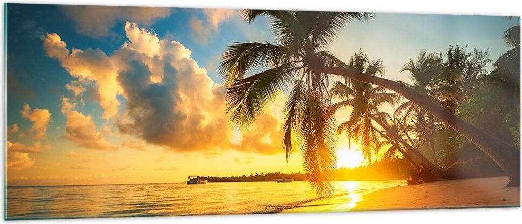 Bilder auf glas - Meer Strand Palme - 140x50cm - Glasbilder - Wandbilder - Kunstdruck - zum Aufhängen bereit - Wanddekoration aus Glas - Glas Bild...