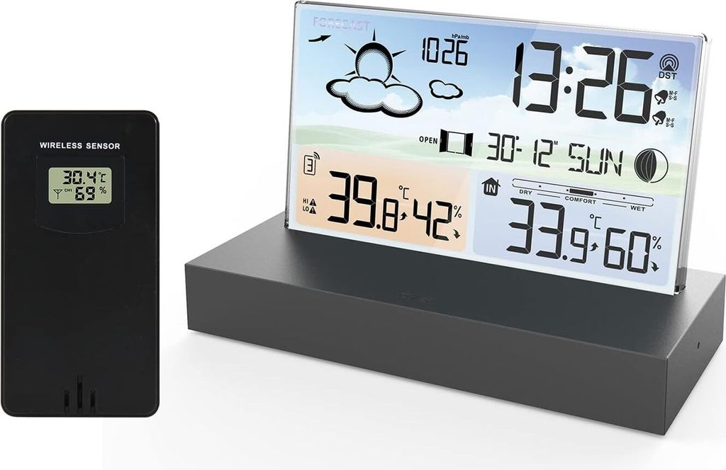 MODFU Wetterstation Funk mit Außensensor, Temperaturwarnung, RF Funkuhr - Batteriebetrieb und USB-Netzkabel, in transparentem Glas Design mit Anze...