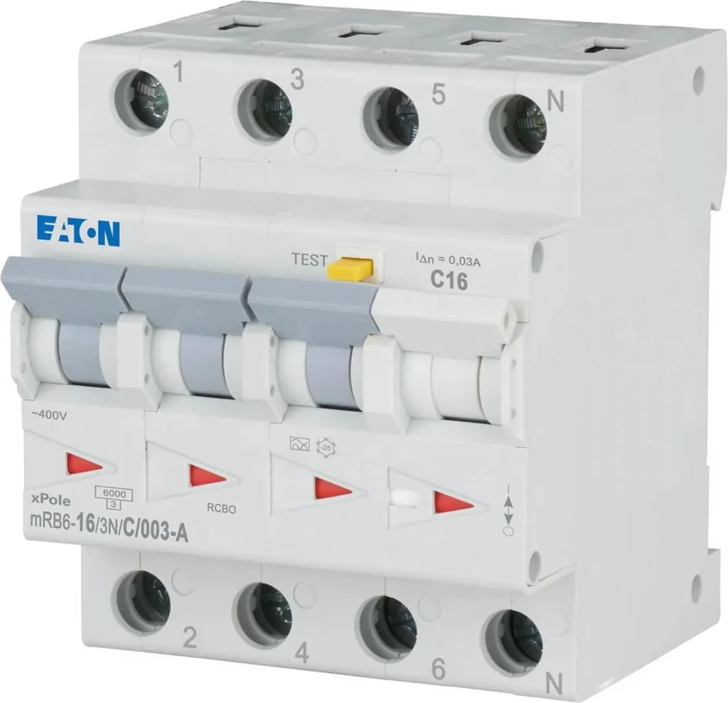 Disjoncteur Différentiel 16A 30mA Eaton mRB6 Protection Triphasée C