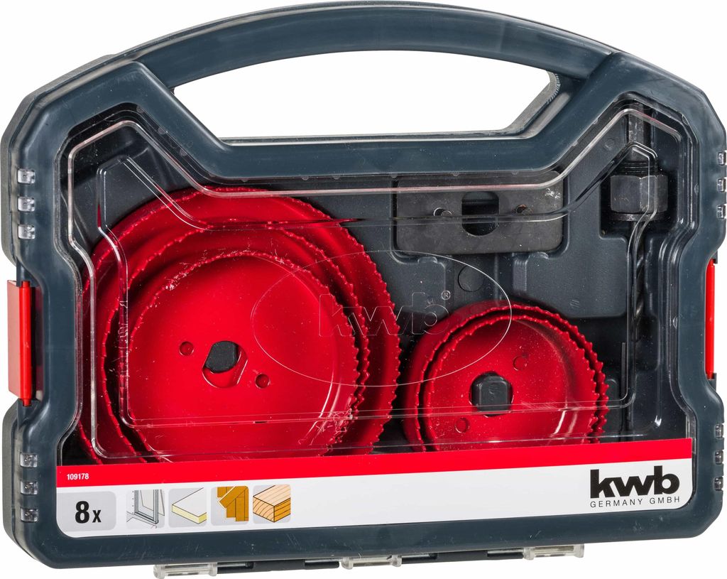 A set of red hole saws in a dark gray plastic carrying case.