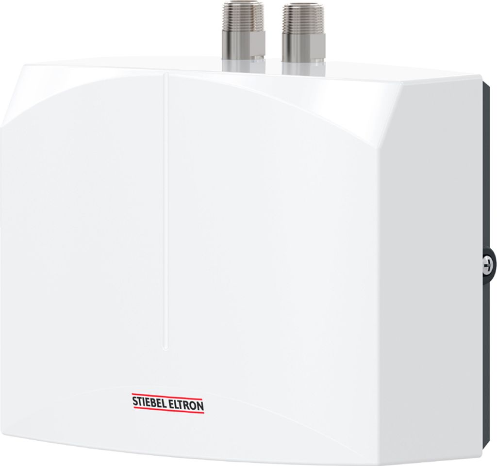 A white Stiebel Eltron mini instantaneous water heater is shown against a white background.