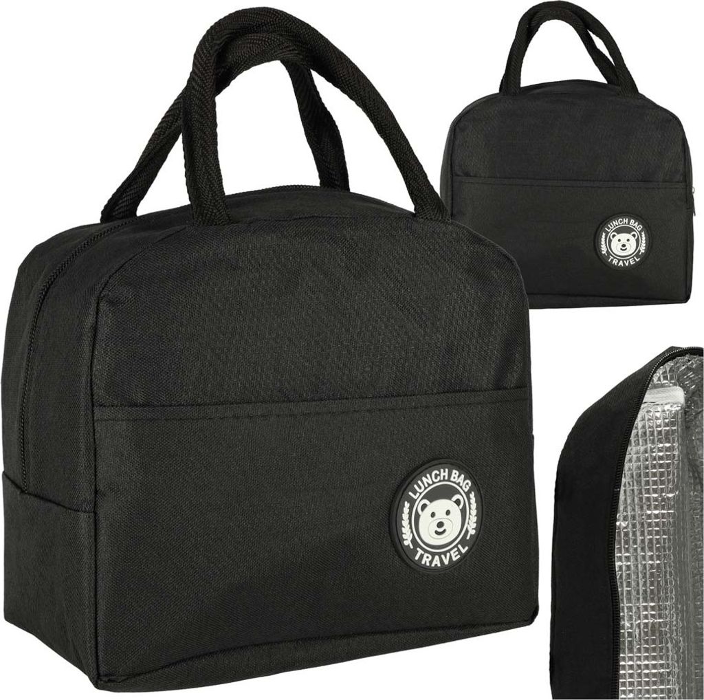 A collage of images showing a black insulated lunch bag from different angles, including a close-up of its interior.