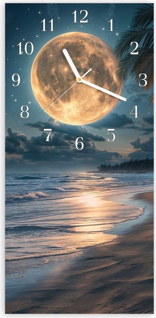 Wanduhr aus Glas mit Motiv Mondnacht am Strand- 30 x 60 cm - inkl. Aufhängesystem