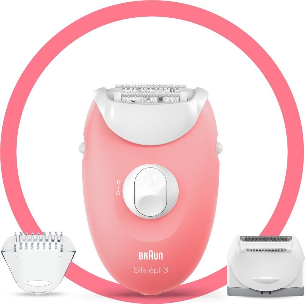 A pink Braun Silk-épil 3 epilator is shown with two attachments, set against a white background and framed by a pink circle.