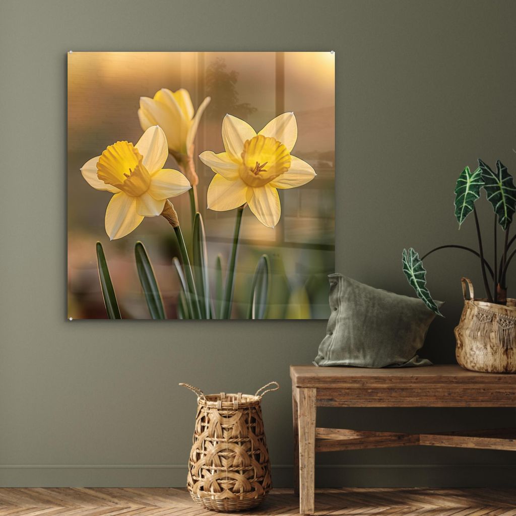 MuchoWow Glasbilder - Bilder auf Wandbild - Foto auf Glas Blumen - Gelb - Unscharf 90x90 cm Wanddekoration aus Glas - Acrylglasbild - Acrylbilder -...
