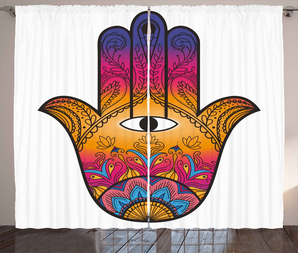 ABAKUHAUS Hamsa Rustikaler Gardine, Mystical Bunte Lotus, Schlafzimmer Kräuselband Vorhang mit Schlaufen und Haken, 280 x 245 cm, Sky Blue Orange ...