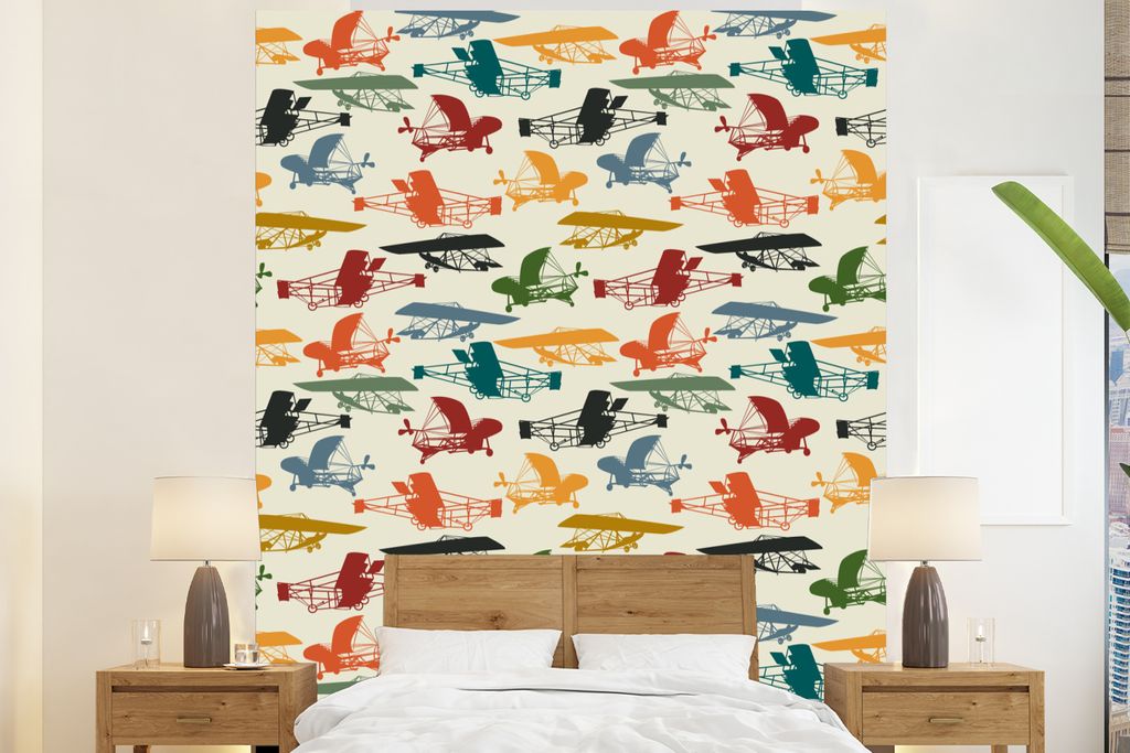 MuchoWow Fototapete für Wohnzimmer oder Schlafzimmer Wandtapete Vinyl Motivtapete Muster - Flugzeug - Retro - Jungen - Kinder - Kleiner Junge - ...