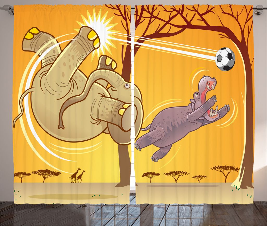ABAKUHAUS Karikatur Rustikaler Gardine, Elefant und Nilpferd Ball, Schlafzimmer Kräuselband Vorhang mit Schlaufen und Haken, 280 x 225 cm, Orange ...