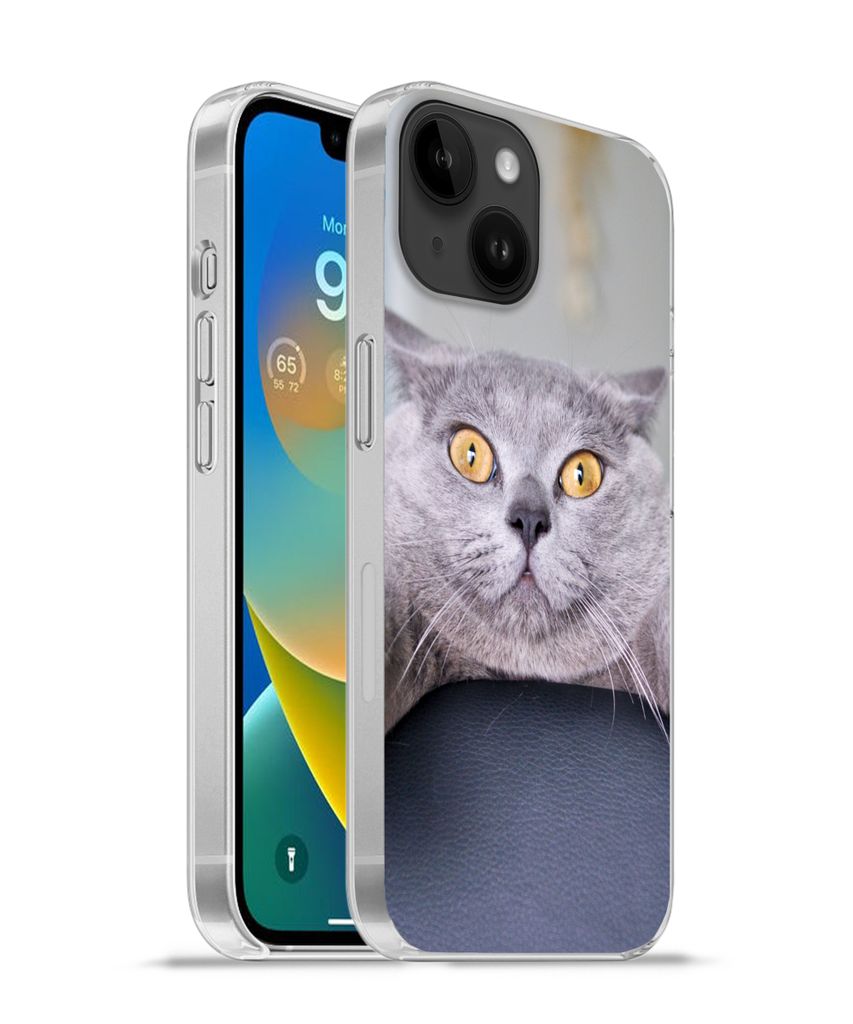 MuchoWow Handyhülle Schutzhülle Hülle für Apple iPhone 14 - Softcase Katze - Angst - Stuhl Silikon Softcase Handy Hülle - Mobiltelefonhülle