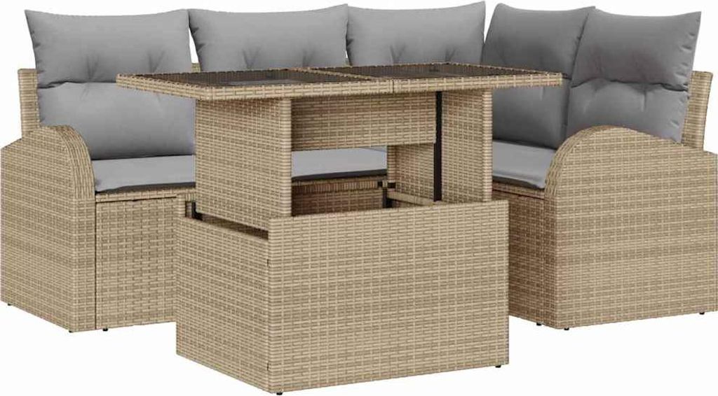 Garten-Sofa-Set mit Kissen 5 pcs Beige Poly-Rattan