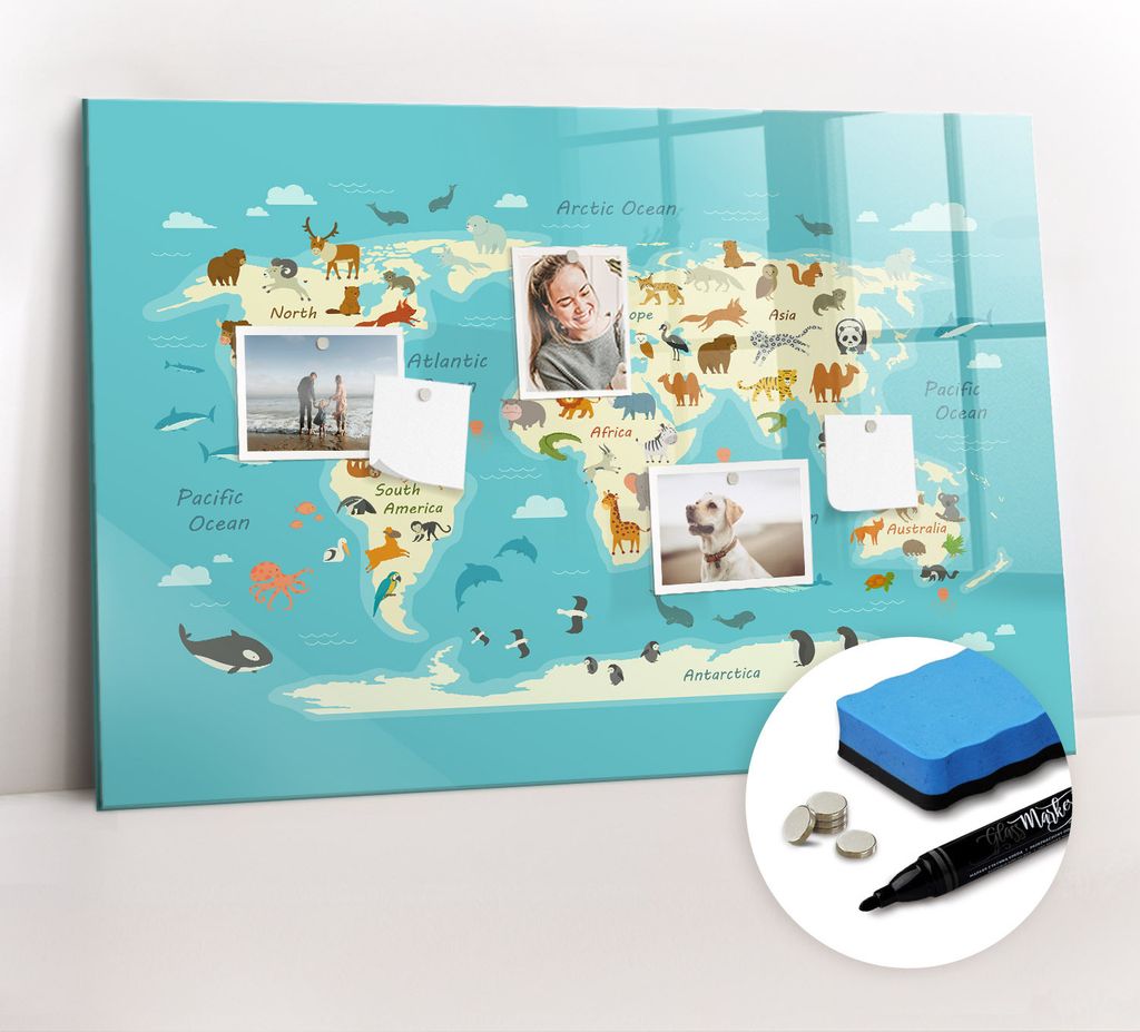 Magnetpinnwand Memoboard - Zubehörsatz - Schwarzer Marker + Schwamm + Magnete - 90 x 60 cm - Karte der Tierwelt