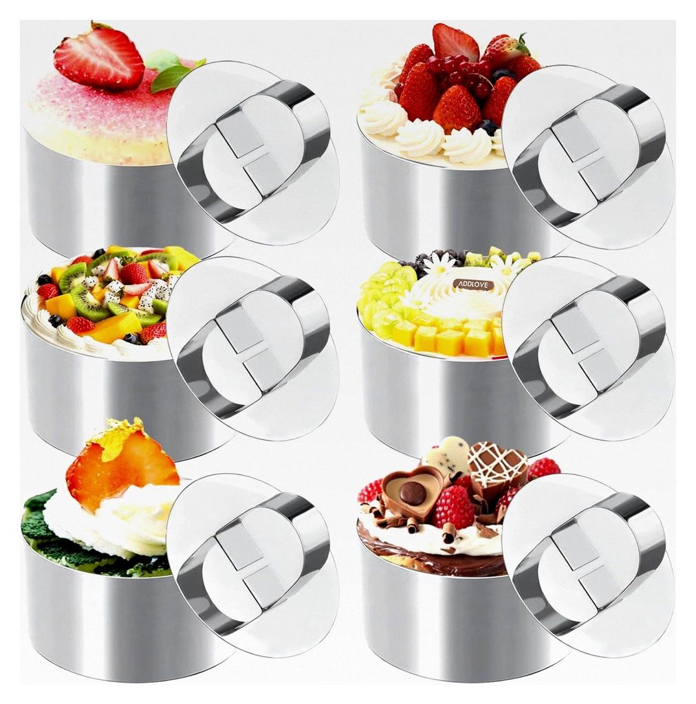 6 Edelstahl Servierringe Ø8cm mit Pusher, Dessertringe Set für Kuchen und Desserts
