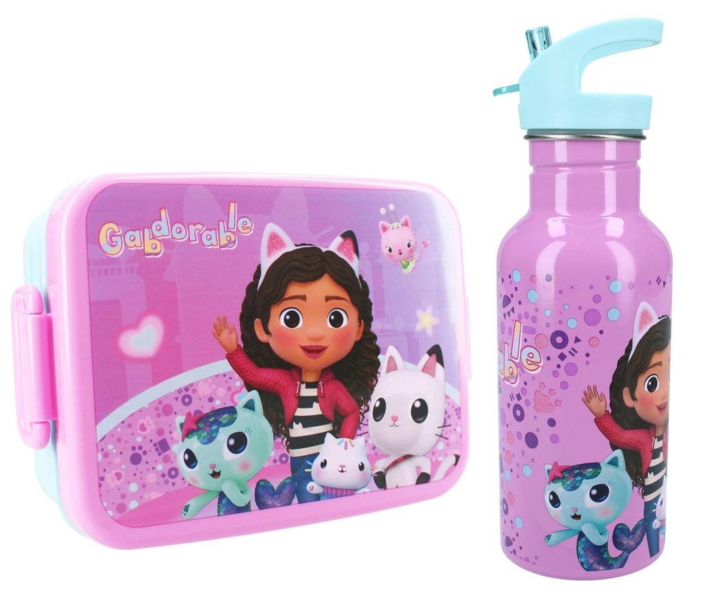 Gabbys Puppenhaus Mittagsset mit Brotdose und auslaufsicherer Trinkflasche, fröhliche Motive
