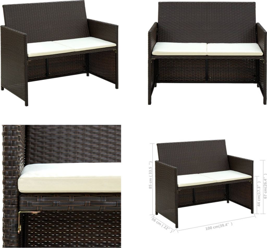 vidaXL 2 Sitzer Gartensofa mit Polstern Braun Poly Rattan - Sofa - Sofas - 2-Sitzer-Sofa - 2-Sitzer-Sofas