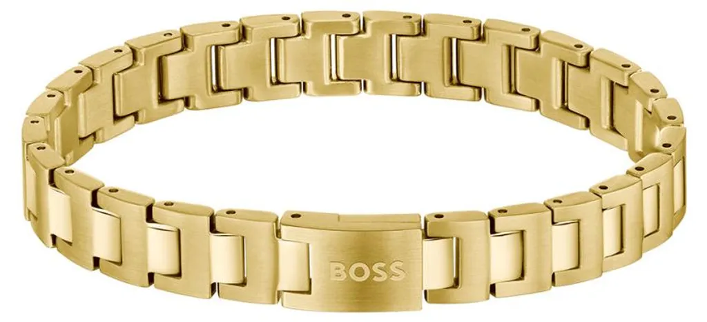 Accessoire homme chic : bracelet BOSS doré pour costume et tenues de soirée