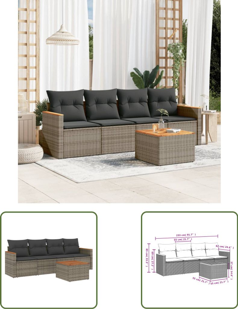 The Living Store 5-tlg. Garten-Sofagarnitur mit Kissen Grau Poly Rattan