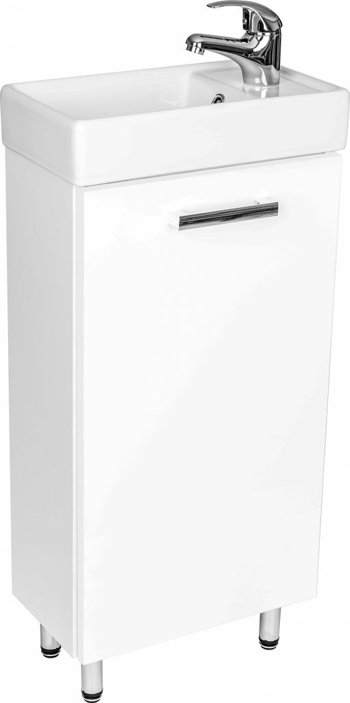 A white bathroom vanity with a sink and faucet.