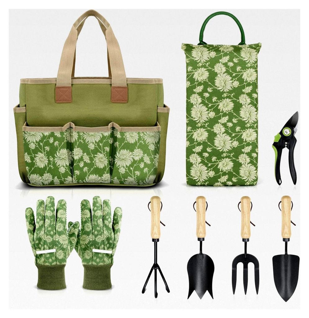 8-teiliges Gartengeräte-Set mit Holzgriff, inklusive Gartentasche, Kniepolster, Handschuhe, Gartenschere, Kelle, Tulpenkelle und Grubber – Gesch...