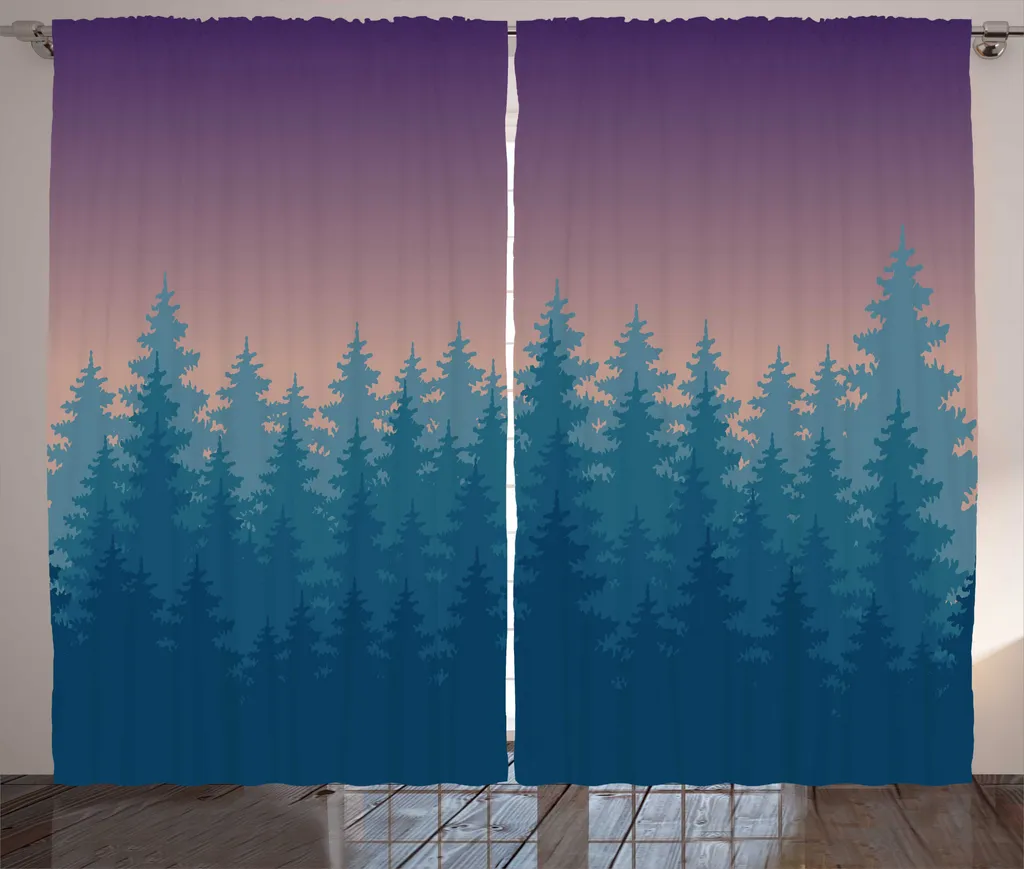 Paire de Rideaux de Salon à Motifs Pins et Feuilles 280x225cm Aubergine