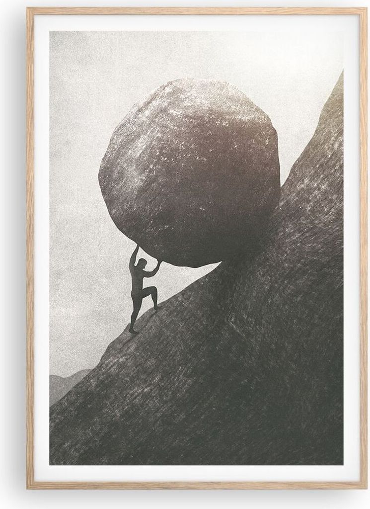 Gerahmtes Poster - Rahmen in heller Eiche - Sisyphus Arbeit Stein - 70x100 cm - Wand Bild - Wanddeko - Wandbilder - Kunstposter - Wandposter - Bild...