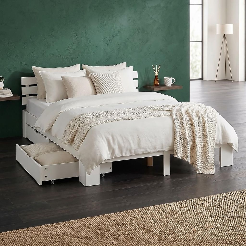 Homestyle4u Holzbett 140x200 mit 2 Schubladen Weiß Produktbild 