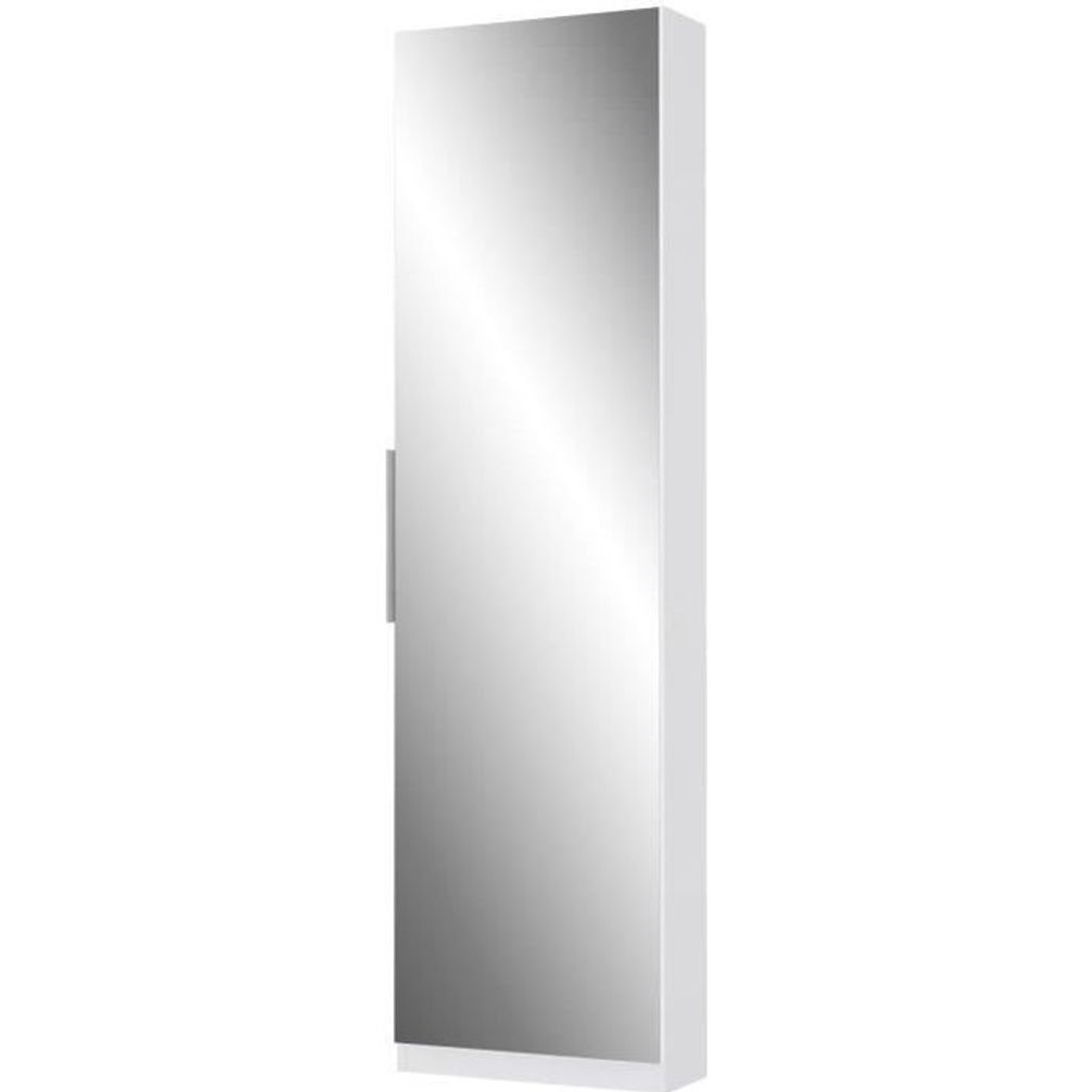 A tall, narrow cabinet with a mirrored door and a silver handle, shown against a white background.