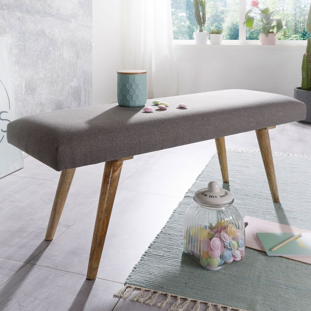 FineBuy gepolsterte Sitzbank 120 cm Massivholz Stoff grau - Retro Polsterbank für Garderobe Schlafzimmer & Wohnzimmer - Garderobenbank Eingangsber...