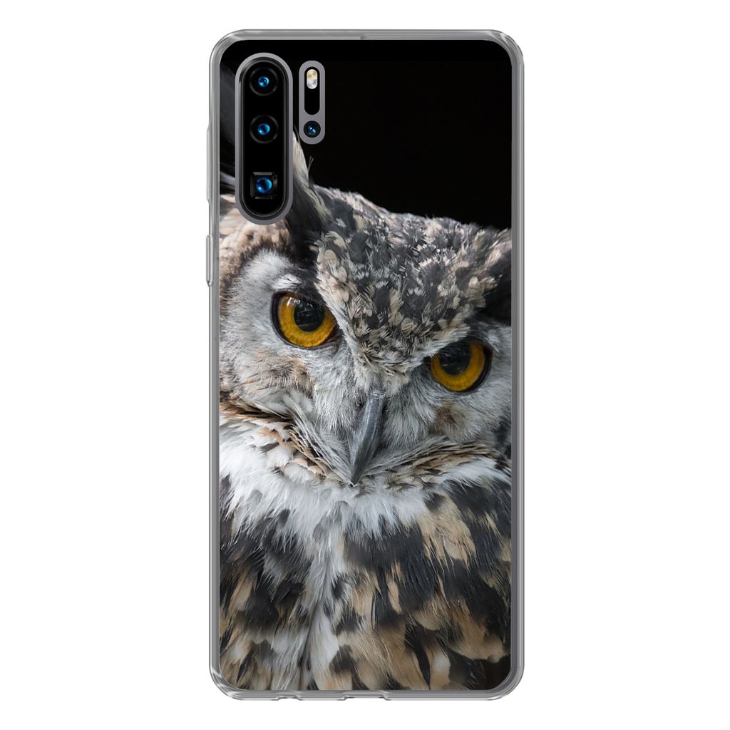 MuchoWow Handyhülle Schutzhülle Hülle für Huawei P30 Pro Porträt einer braunen Eule auf schwarzem Hintergrund Silikon Softcase Handy Hülle ...