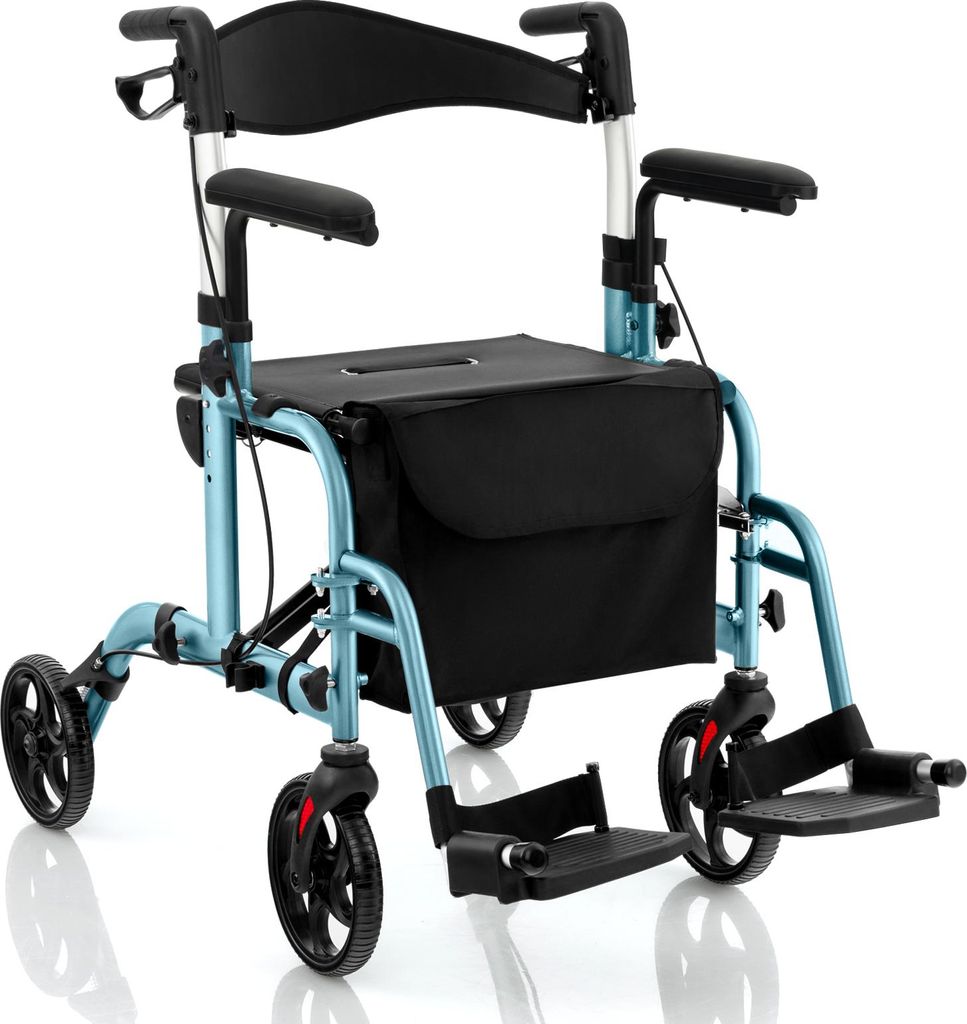 COSTWAY 2in1 Rollstuhl & Rollator klappbar & leicht mit Sitz, Gehhilfe 6-fach höhenverstellbar, Gehwagen mit Tasche, Bremsen & Stockhalter Blau
