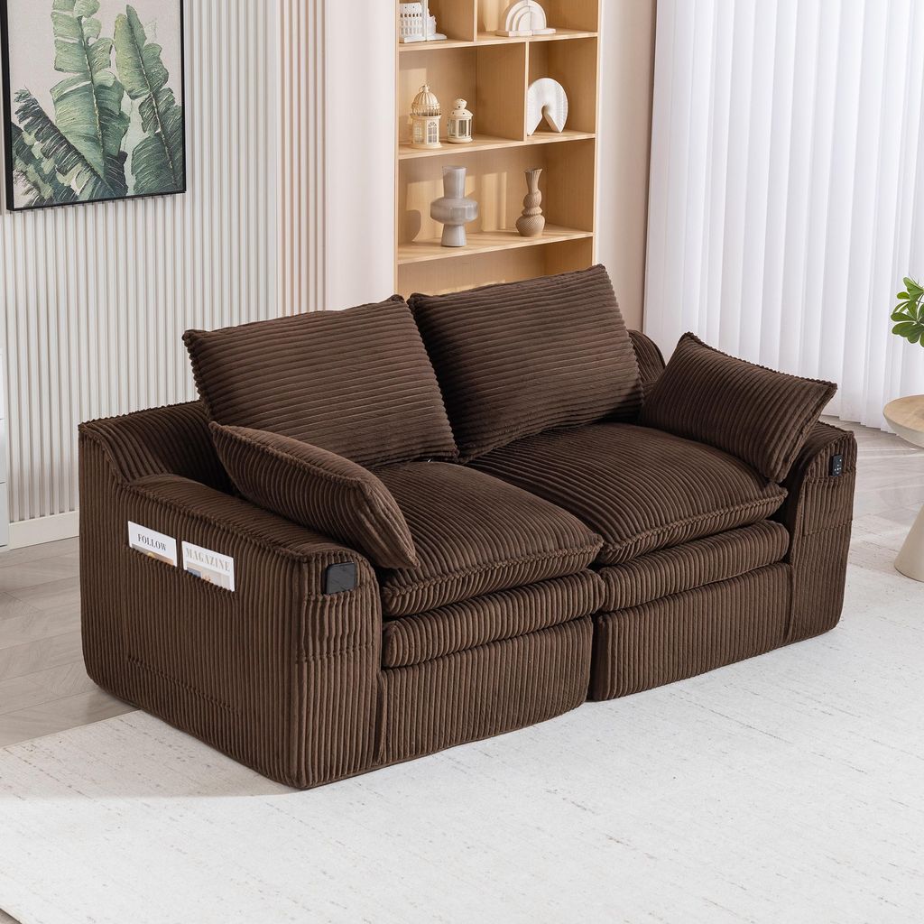 STILVORA Modulares Sofa aus Cord mit Kissen und 2 Seitentaschen, Wohnzimmersofa mit Federkern und 3-lagigem Schaumstoff, 2-Sitzer Sofa für Wohnzim...