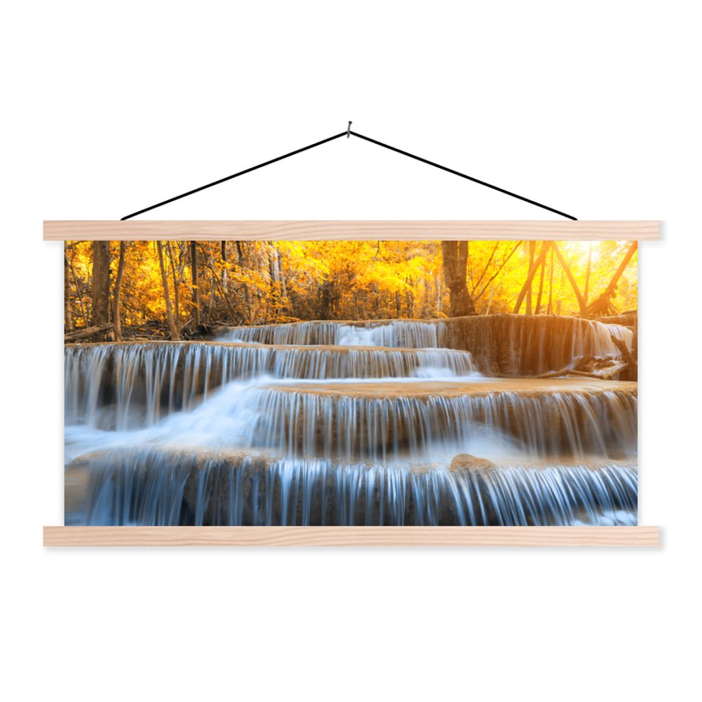 MuchoWow Textilposter Wasserfall - Natur - Bäume - Herbst - Landschaft 120x60 cm mit holzfarbenen Rahmen - Klemmleiste