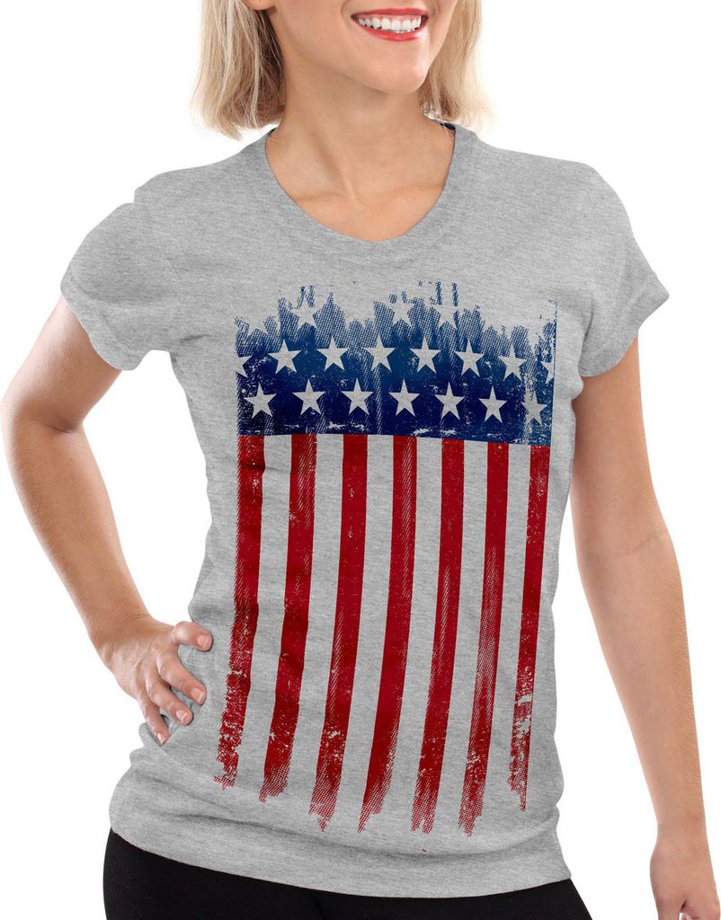 style3 USA Flagge Damen T-Shirt banner vereinigte staaten von amerika us stars stripes, Farbe:Grau meliert, Größe:L